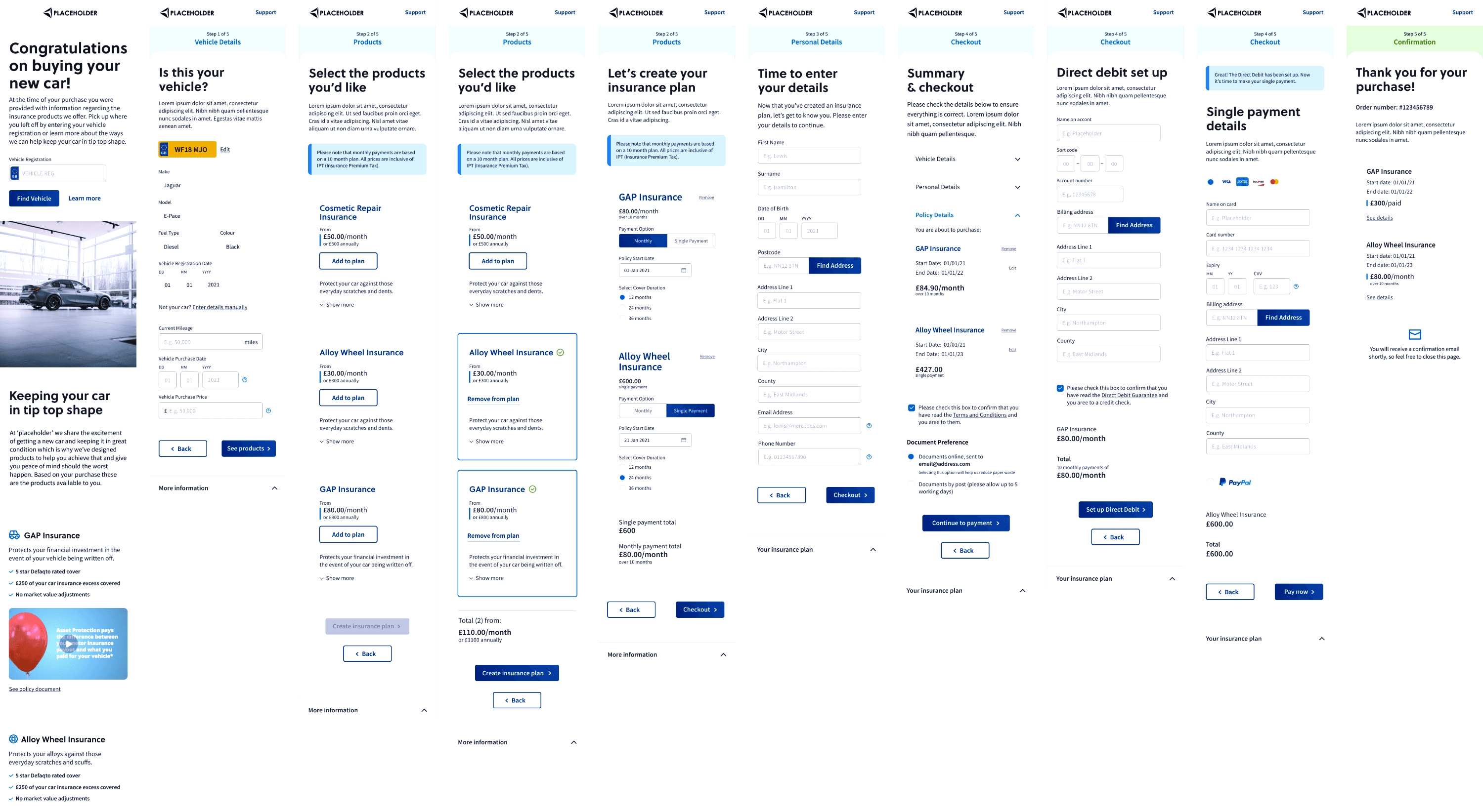 Insurance application flow from vehicle details through confirmation