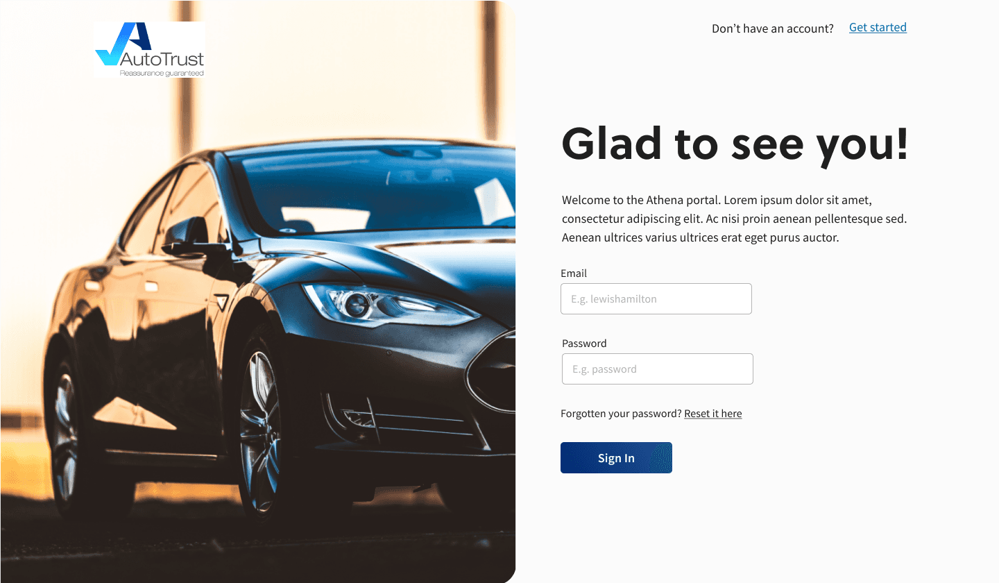 AutoTrust sign-in screen beside a black car