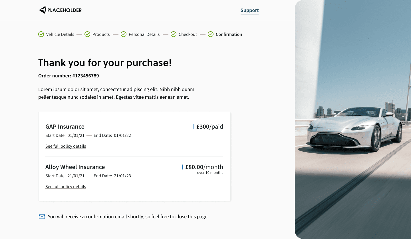 Purchase confirmation with GAP and alloy wheel insurance