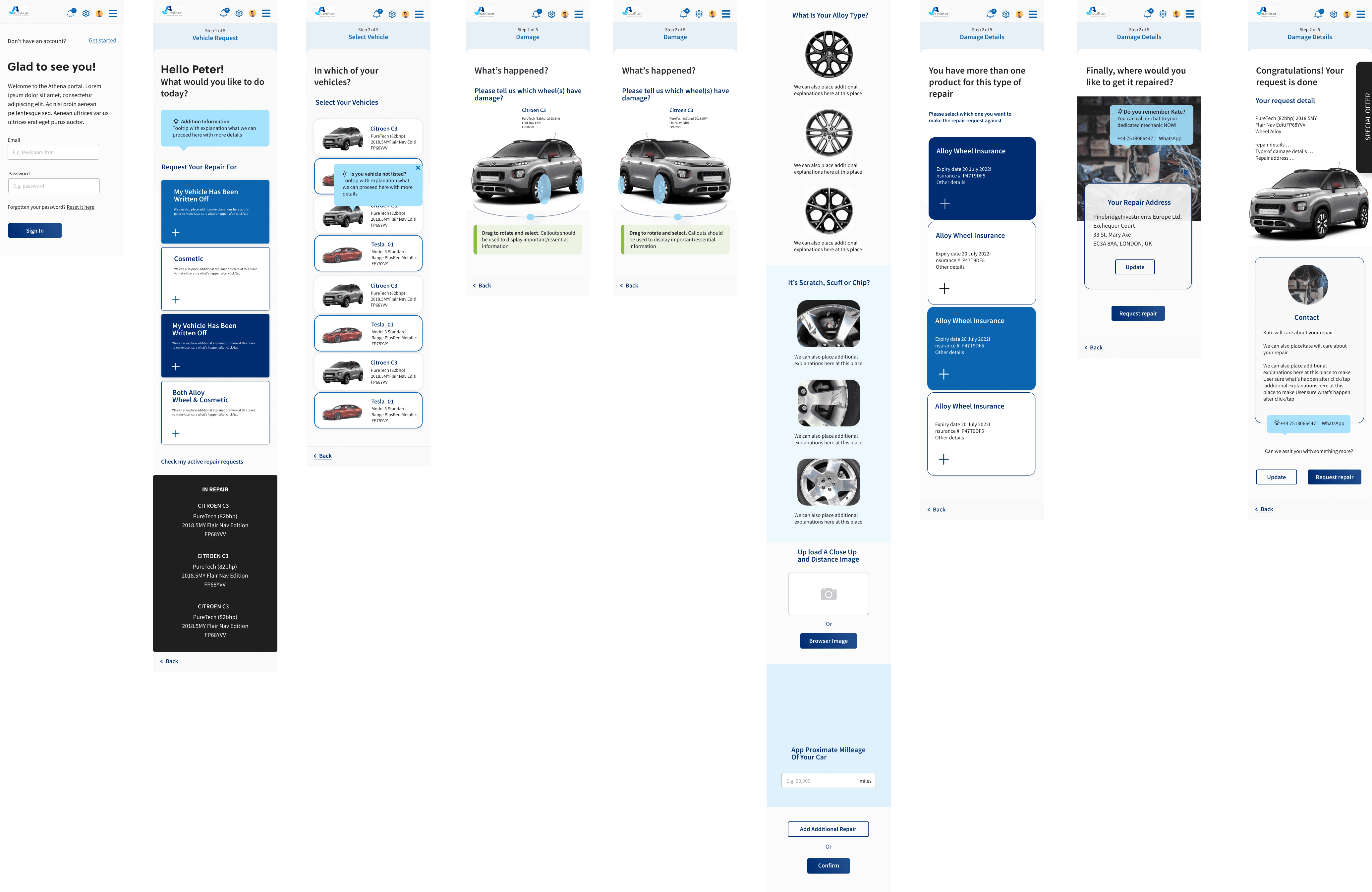 Repair request flow across vehicle, damage, and confirmation screens